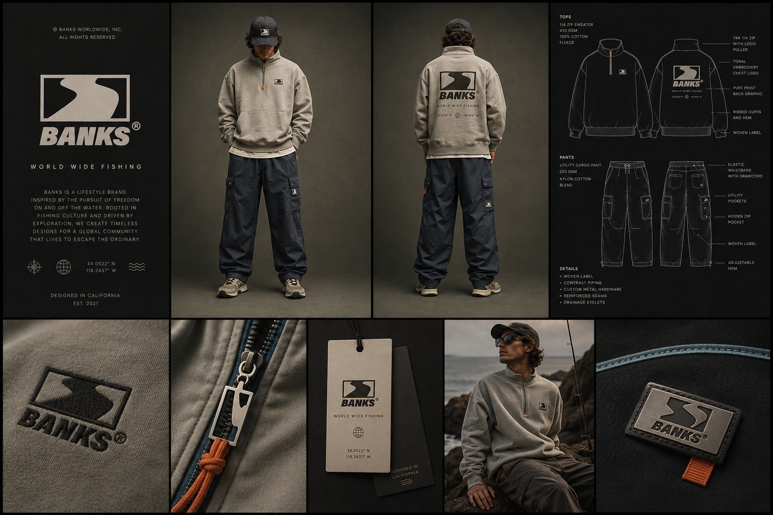 Banks Markenpräsentation – Hoodie-Kollektion mit Logo, Etiketten und Produktdetails