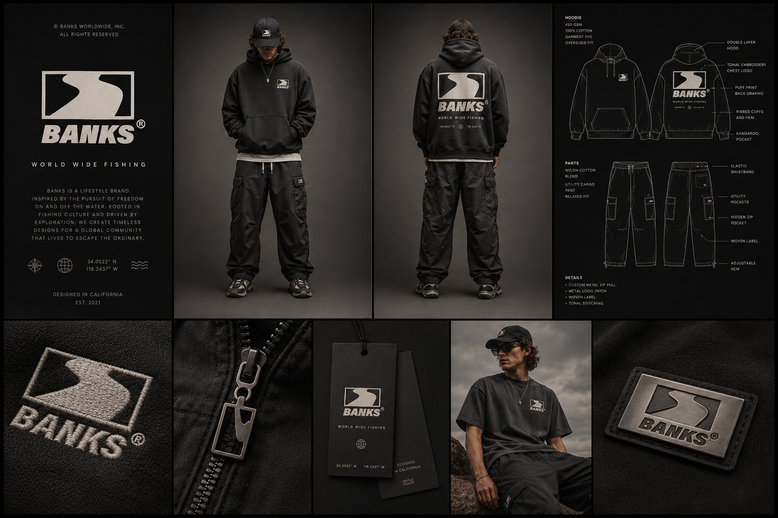 Banks Kollektion – Model trägt schwarzen Hoodie mit Markenlogo vor dunklem Hintergrund
